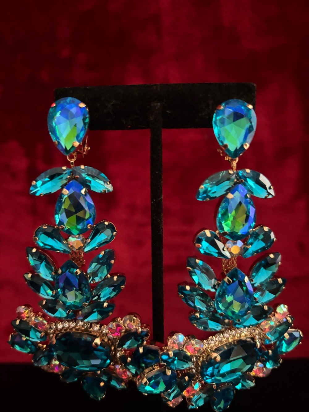 Teal Crystal Statement Drop Earrings - Unbranded